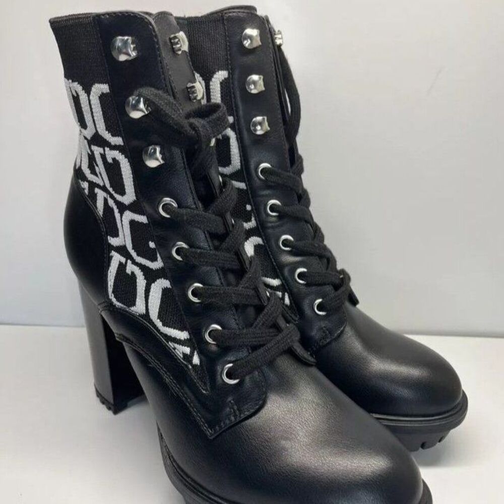 GUESS Ankle Boots Knit Logo Platform Black White WOMENS SIZE 11M - Picture 3 of 8